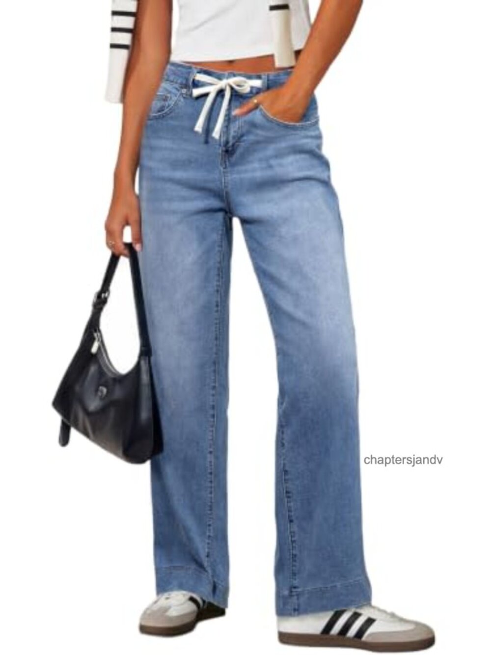 High Waisted Straight Leg Jeans Drawstring Denim Pants